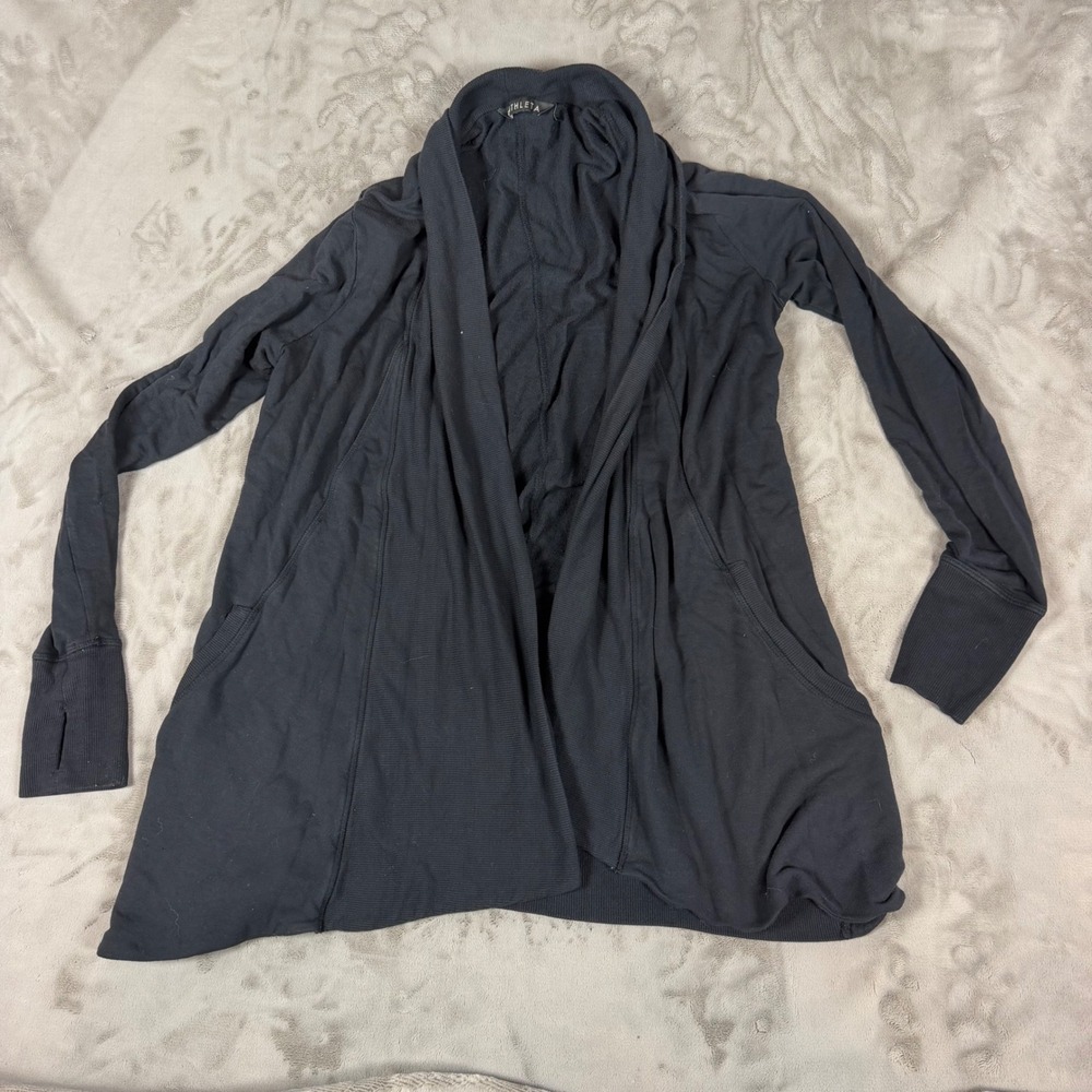 Athleta Pranayama Wrap Black Open Front Cardigan Thumbholes Pockets Womens M
